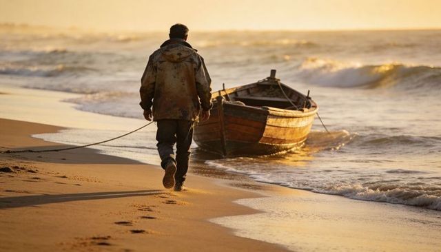 Walking fisherman pulling wooden rowboat along sunlit shoreline at golden hour