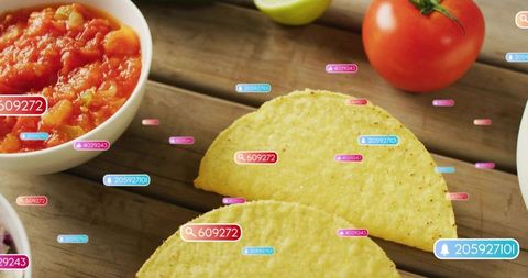 Crisp corn taco shells with chunky salsa, tomato lime accents and colorful ui tag overlays