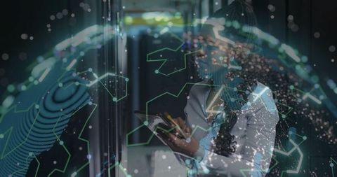 It professional with holographic globe and tablet technology