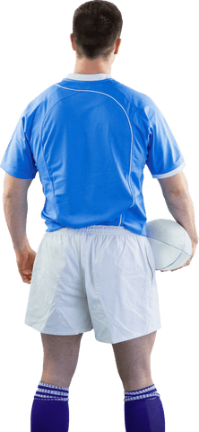 Transparent Back View of Rugby Player Holding Ball in Blue Jersey