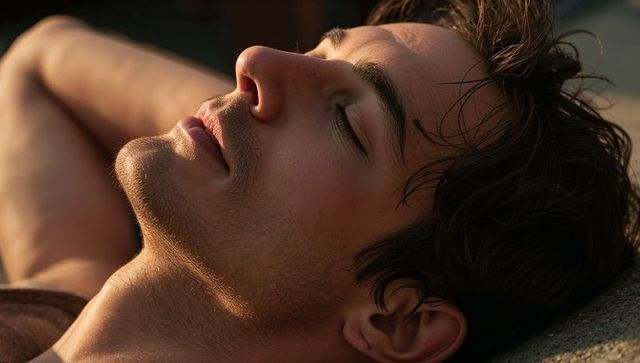 Reclining man basking in golden hour sun, close-up serene profile with stubble