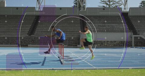 Male track athletes hurdling on bright blue track in dynamic motion