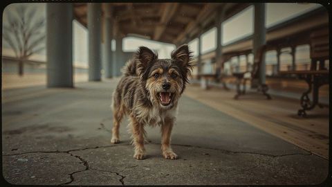 Adorable small barking dog in rustic outdoor pavilion