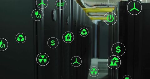 Ecology icons overlay in modern server room