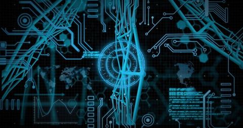 Futuristic cyan hud pulsing central ribbon, circuit topology and data visualization