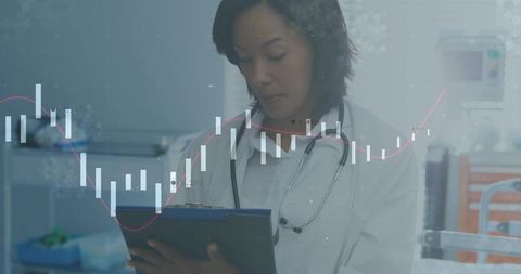 Female doctor reviewing patient data on tablet with candlestick chart healthcare analytics