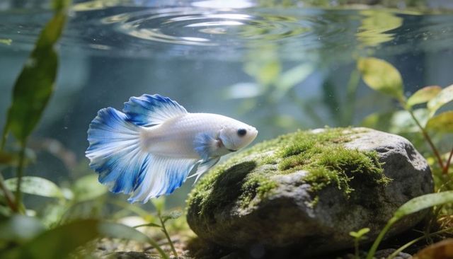 White and blue betta gliding past moss rock in planted freshwater tank