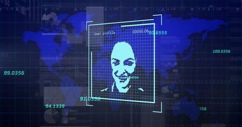 Pixelated Adult Male Portrait Inside Biometric Scan Frame Over Global Cybersecurity Grid