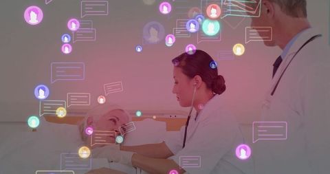 Doctor Using Stethoscope in Hospital Ward with Digital Interfaces