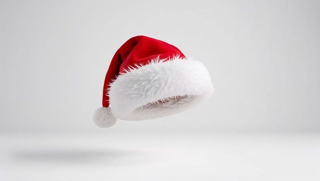 Floating velvet Santa hat with fluffy white trim casting soft shadow on clean white backdrop