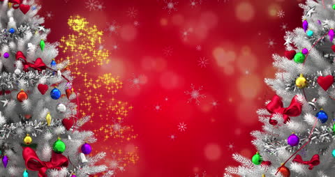 Festive Christmas Trees on Red Background with Falling Snow