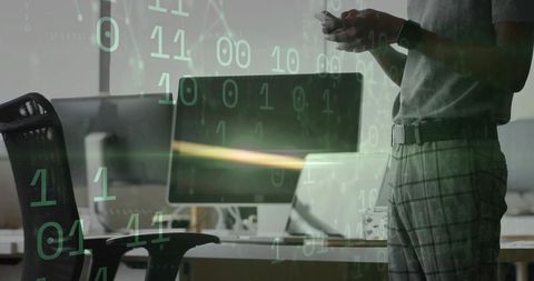 Developer Engaging in Futuristic Office with Digital Binary Concept