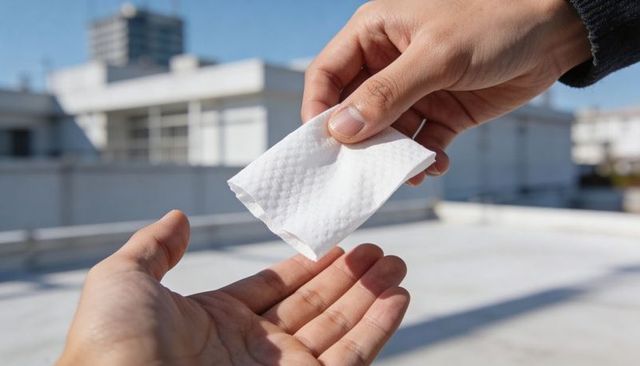Passing white textured wipe between hands on sunny urban rooftop hygiene gesture