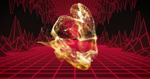 Glowing Neon Skull Particle Sculpture Floating Above Retro Magenta Grid with Wireframe