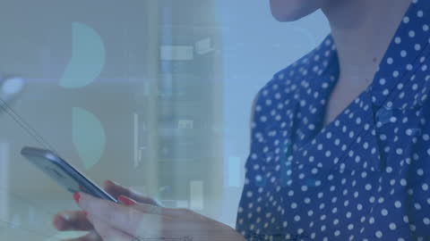 Woman Using Smartphone with Statistical Data Overlay in Office