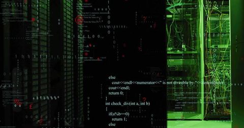 Streaming c++ code overlay across neon green server racks in futuristic data center