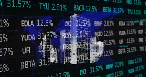 Financial data display over cityscape illustrating global markets