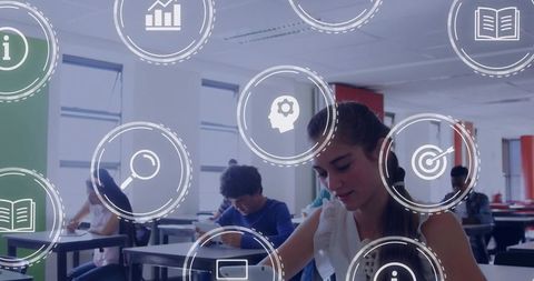 Teenage Girl Studying in Modern Classroom with Digital Education Icons Overlay