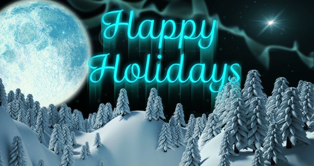 Winter holiday greeting card presenting a glowing 'Happy Holidays' message above a snowy forest landscape under a bright full moon. Ideal for holiday season promotions, personalized greetings, festive invitations, or digital wallpapers.