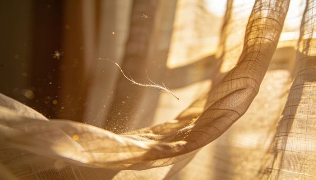 Drifting seed tuft swaying in golden sunbeam through sheer curtain backlight