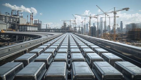 Automated metallic modules running on industrial conveyor rails with urban skyline cranes