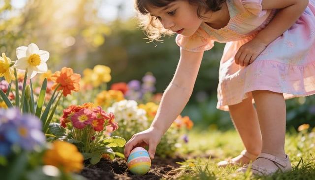Child placing colorful easter egg in spring garden flowerbed with daffodils and primroses