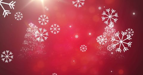 Festive Red Background with Falling Snowflakes and Christmas Trees