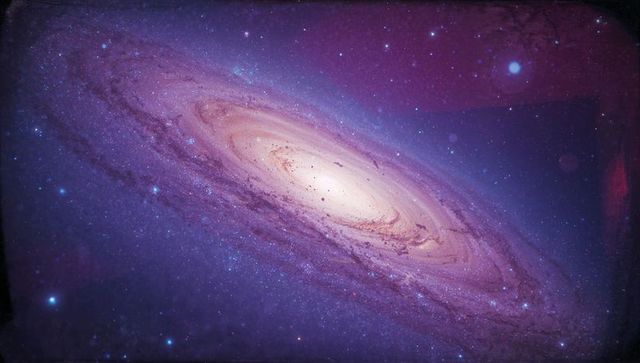 Spiral galaxy tilting diagonally across violet cosmos revealing bright central bulge