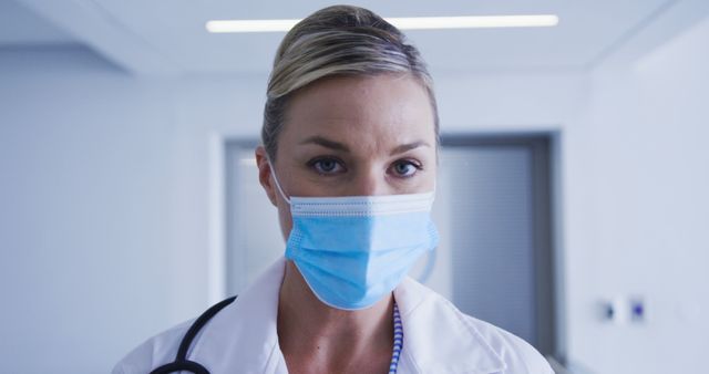 Female doctor wearing face mask standing indoors at a medical facility. Ideal for illustrating COVID-19 safety, healthcare services, frontline workers, medical consultations, and hospital environments. Can be used in articles, blogs, healthcare-related websites, and promotional materials about medical staff and health safety measures.