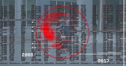 Corporate digital data concept with man in lobby, red globe overlay and 2008–2017 timeline
