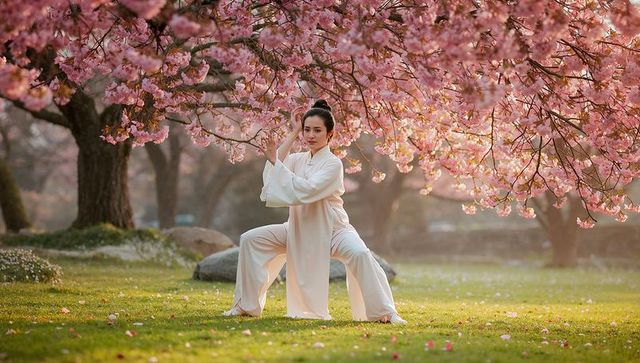 Asian woman practicing tai chi under blooming cherry blossom canopy in serene spring park