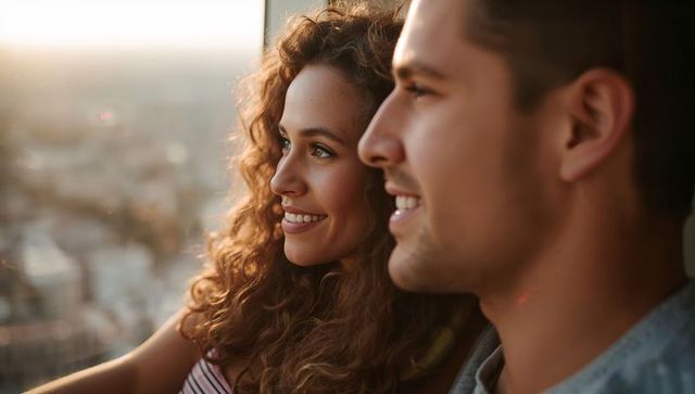 Gazing couple sharing golden-hour city skyline and intimate smiles through window