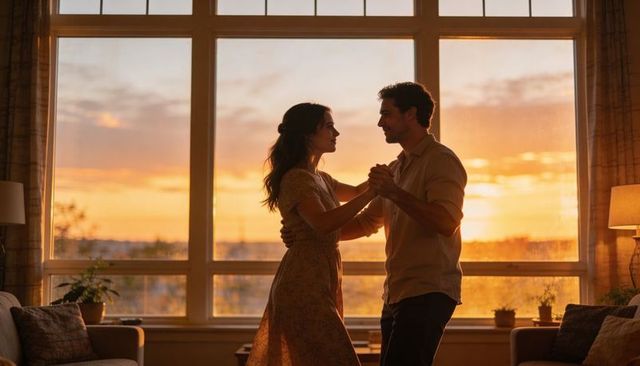Couple dancing slow dance by large window at sunset in cozy living room with golden light