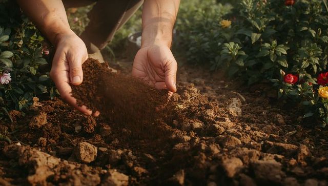 Gardener sifting rich loam with hands in flower bed during golden hour