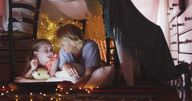 Mother and Daughter Enjoying Cozy Evening in Blanket Fort - Download Free Stock Images Pikwizard.com