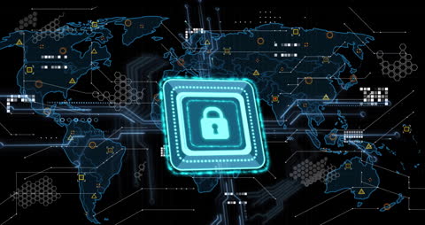 Digital Cybersecurity Map with Illuminated Padlock Overlay