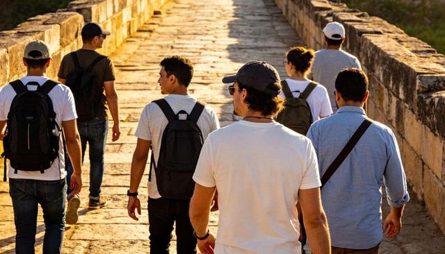 Travelers walking across sunlit ancient stone bridge at golden hour