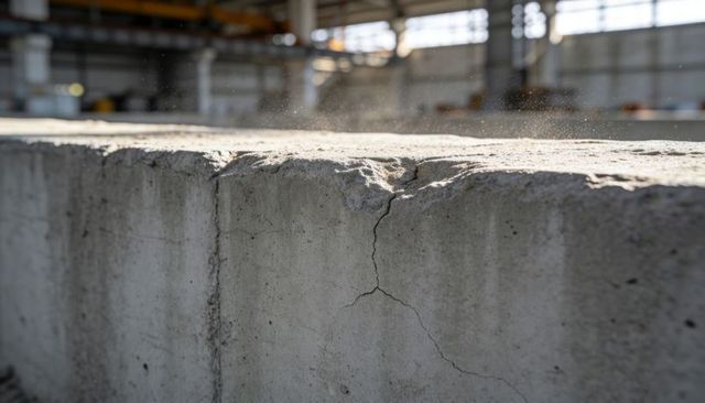Cracked concrete block with chipped top edge and dust motes backlit in warehouse