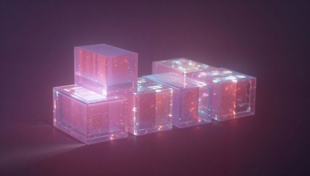 Futuristic translucent cubes emitting neon light with glittering circuitry