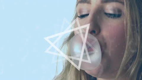 Modern Abstract Overlay with Close-Up of Woman Blowing Bubble Gum