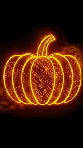 Vertical video: Neon pumpkin outline sparking with drifting embers and curling smoke