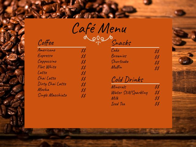 This warm coffee-themed café menu, set on a rustic wooden background, is perfect for coffee shops looking for a cozy and inviting aesthetic. The clear, adaptable menu layout featuring coffee options, snacks, and cold drinks can be used for print or digital display. Ideal for creating an atmosphere of comfort and quality, this template visually conveys the rich, aromatic allure of coffee culture. Customize text to fit any menu with ease.