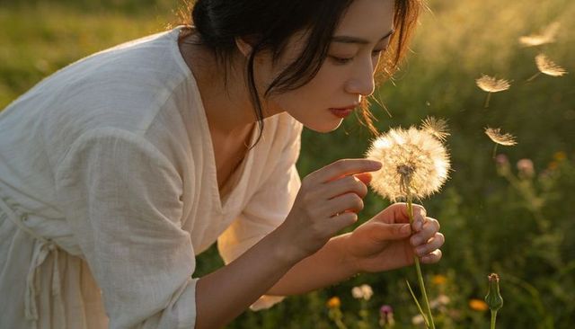 Asian woman releasing dandelion seeds in golden-hour meadow, linen dress, backlit portrait