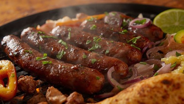 Grilled sausages sizzling aromatically with lime and herbs