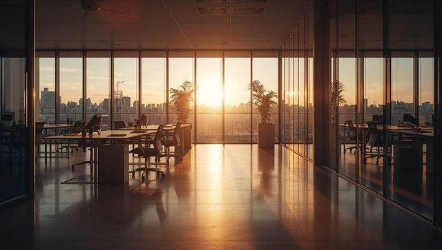 Sunset-lit open-plan office on high floor with glass partitions and city skyline