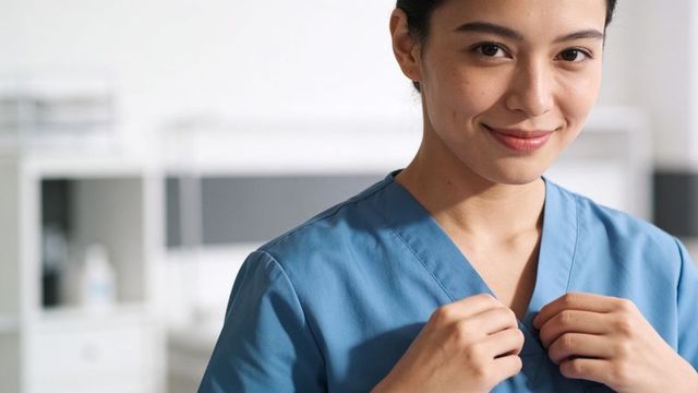 Smiling asian nurse adjusting blue scrub neckline in clinic closeup portrait for healthcare
