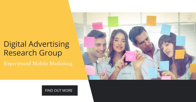 Group of professionals planning digital advertising strategies using sticky notes. Ideal for illustrating teamwork, creativity in marketing, collaborative office environments, project management, strategy sessions, and mobile marketing campaigns.