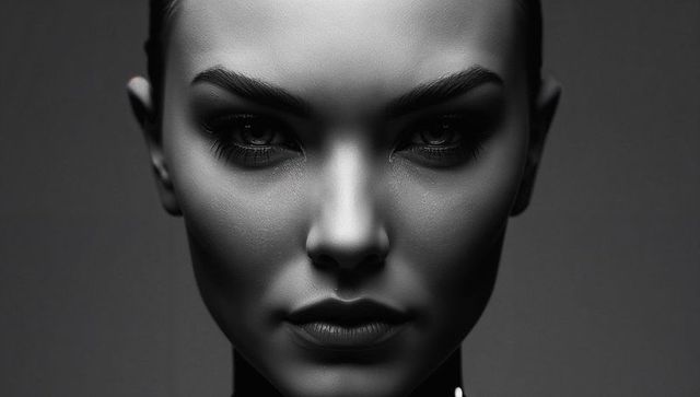 Portraying dramatic monochrome beauty with sharp studio lighting and bold makeup closeup