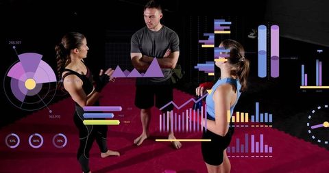 Female athletes training with coach augmented by fitness analytics and performance data overlays