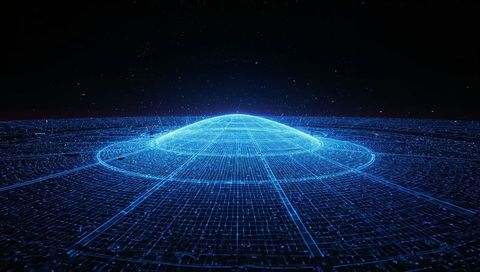 Rising Glowing Holographic Dome Over Neon Wireframe Grid in Futuristic Digital Landscape